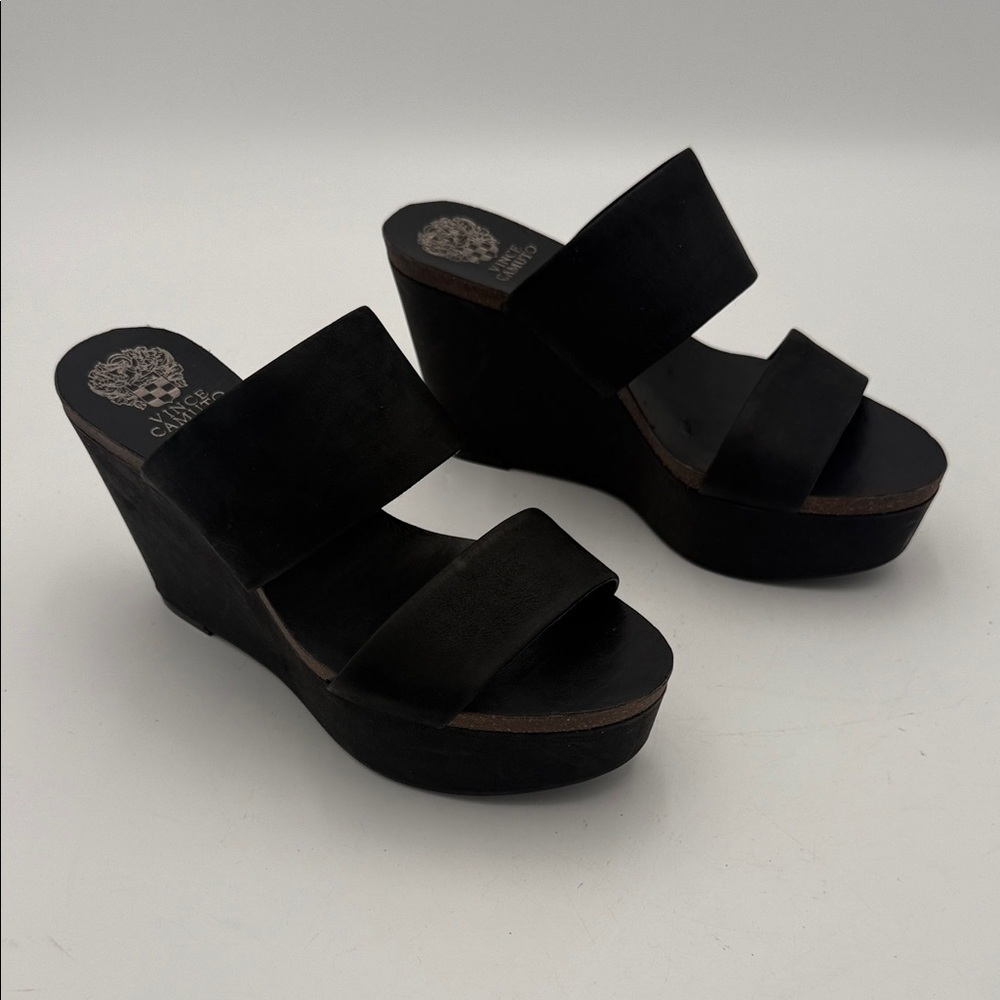 Vince Camuto Black Suede Double Strap Wedge Sandals